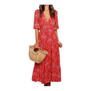 Abel the Label- Red & Pink Floral Maxi Dress with V-Neck and Tie Waist. NWOT